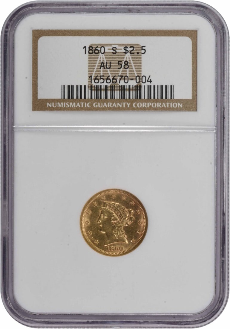 NGC 1860-S $2.50 Gold Liberty Head Type 2 AU58: NGC 1860-S $2.50 Gold Liberty Head Type 2 AU58 A rare and historic $2.50 Gold Liberty Head Type 2 coin, certified by the NGC with an AU58 grade, is up for auction. Minted in 1860 at the San Francisco