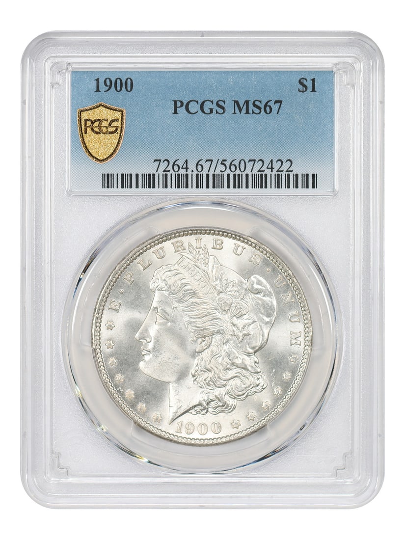 Morgan Dollar - 1900 $1 PCGS MS67: Morgan Dollar - 1900 $1 PCGS MS67 Rarity and beauty come together in this stunning 1900 Morgan Dollar, certified by PCGS as MS67. With its pristine uncirculated condition and striking design, this
