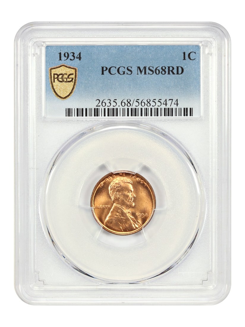Lincoln Cent (Wheat Reverse) - 1934 1C PCGS MS68RD: Lincoln Cent (Wheat Reverse) - 1934 1C PCGS MS68RD Experience the rare beauty of a 1934 Lincoln Cent in stunning MS68RD condition, certified by PCGS as one of the finest circulated coins ever graded.