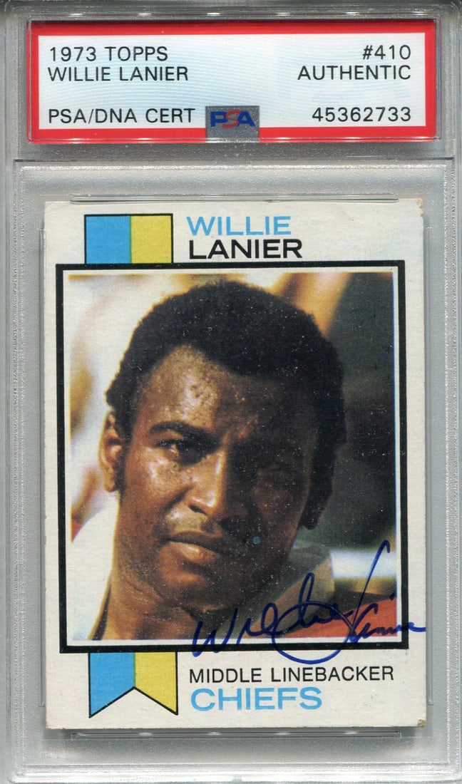 (PSA) Willie Lanier Autographed 1973 Topps Card: (PSA) Willie Lanier Autographed 1973 Topps Card Get ready to relive the glory days of football with this iconic 1973 Topps card featuring the legendary Willie Lanier, signed by the Hall of Fame