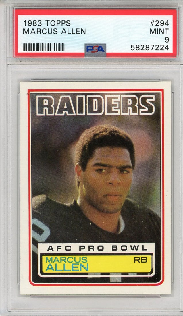 Marucs Allen 1983 Topps Card #294 PSA Mint 9: Marucs Allen 1983 Topps Card #294 PSA Mint 9 Get ready to relive the glory days of NFL history with this highly sought-after Marcus Allen 1983 Topps card, graded by PSA as Mint 9. As one of the most i