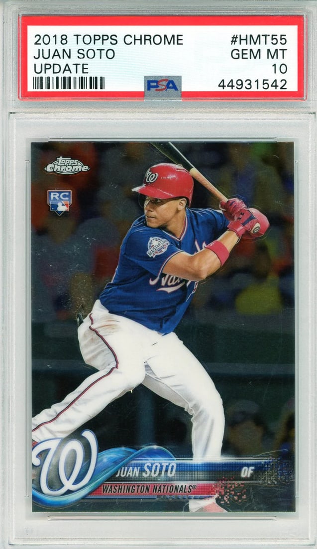 10) Juan Soto 2018 Topps Chrome Update Rookie Card #HMT55 (PSA GM MT: 10) Juan Soto 2018 Topps Chrome Update Rookie Card #HMT55 (PSA GM MT Get ready to collect a piece of baseball history with this 2018 Topps Chrome Update Rookie Card featuring Juan Soto, graded and