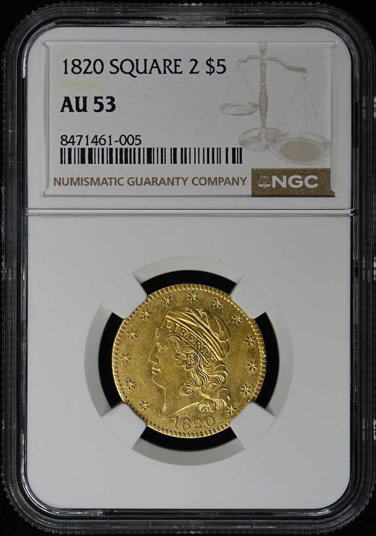 Lg Size $5 NGC AU53 - 1820 SQUARE 2 Capped Head: Lg Size $5 NGC AU53 - 1820 SQUARE 2 Capped Head Experience the rich history of American currency with this stunning 1820 $5 Capped Bust coin, certified by NGC and graded AU53. Struck in Philadelphia,