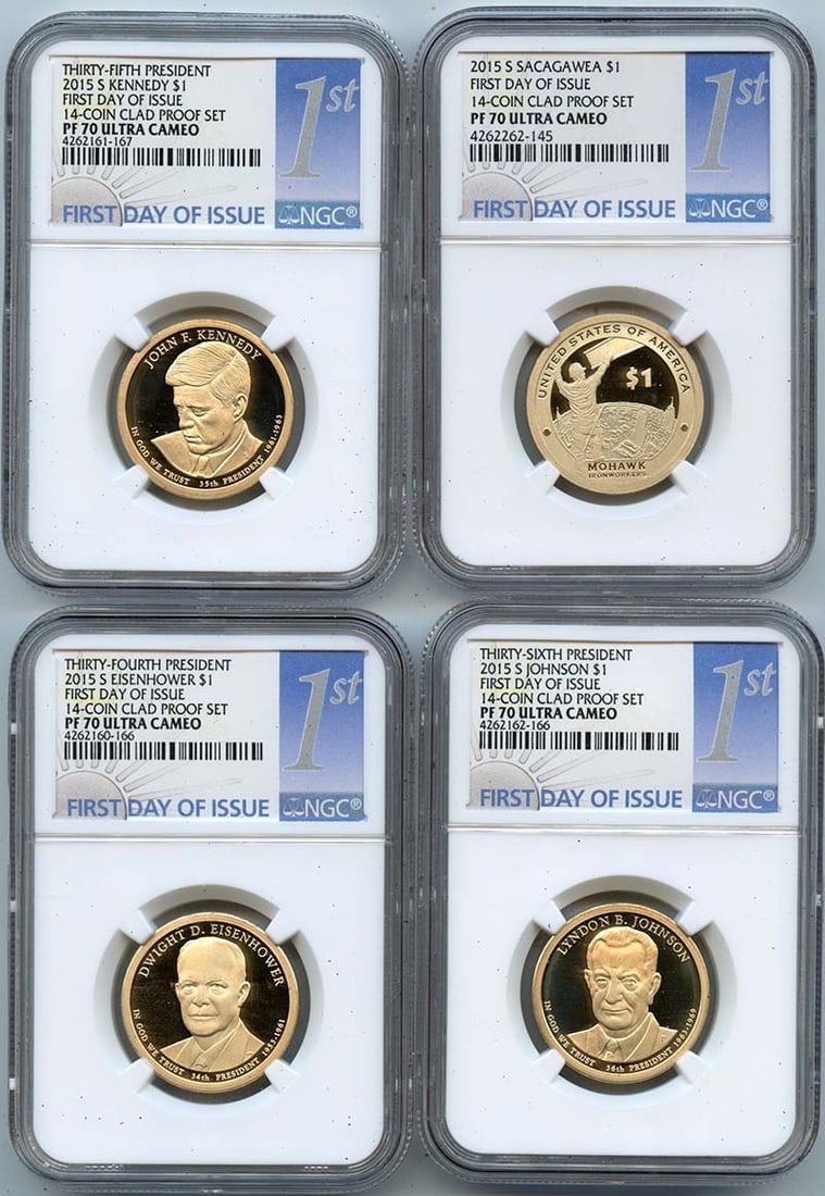 PR70DCAM 2015 S FIRST DAY 14-COIN CLAD PROOF SET NGC: PR70DCAM 2015 S FIRST DAY 14-COIN CLAD PROOF SET NGC Experience the majesty of American numismatics with this stunning 14-coin clad proof set, certified by the NGC as PR70DCAM, marking it as one of th