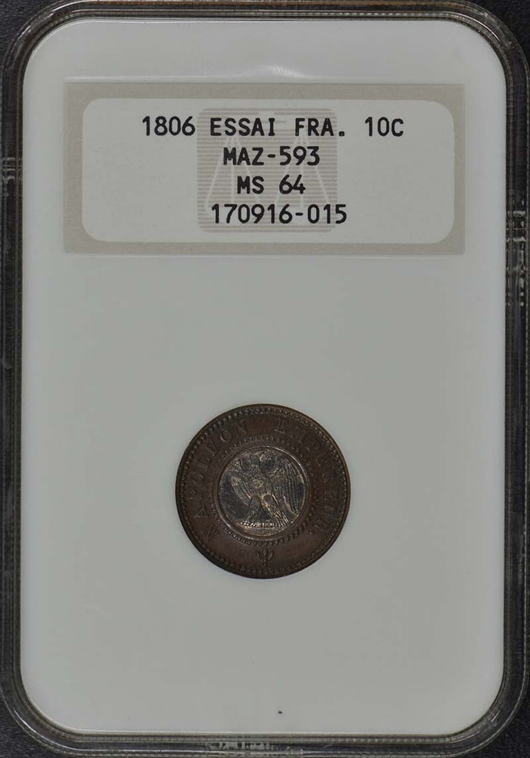 Maz-593 10C France 1806 NGC MS64 Top Pop: Maz-593 10C France 1806 NGC MS64 Top Pop Experience the rich history of France with this stunning 1806 Maz-593 10C coin, certified by NGC as MS64 and graded Top Pop. Struck in 1806, this uncirculated