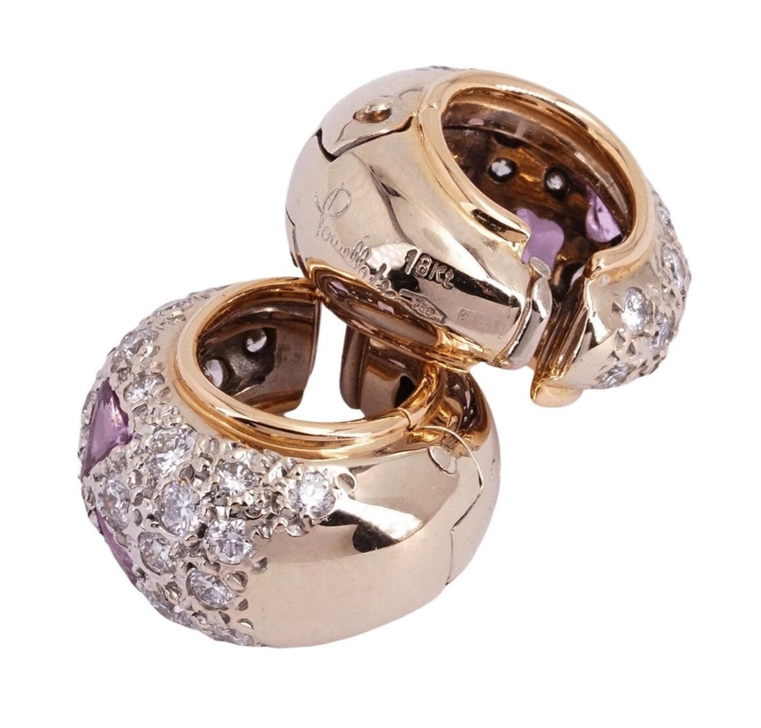 Pink Sapphire and Diamond 18k Rose Gold Hopp Huggie Earrings: Pink Sapphire and Diamond 18k Rose Gold Hopp Huggie Earrings Elevate your style with these stunning 18k rose gold hoop huggie earrings, set with a vibrant pink sapphire and adorned with sparkling diam
