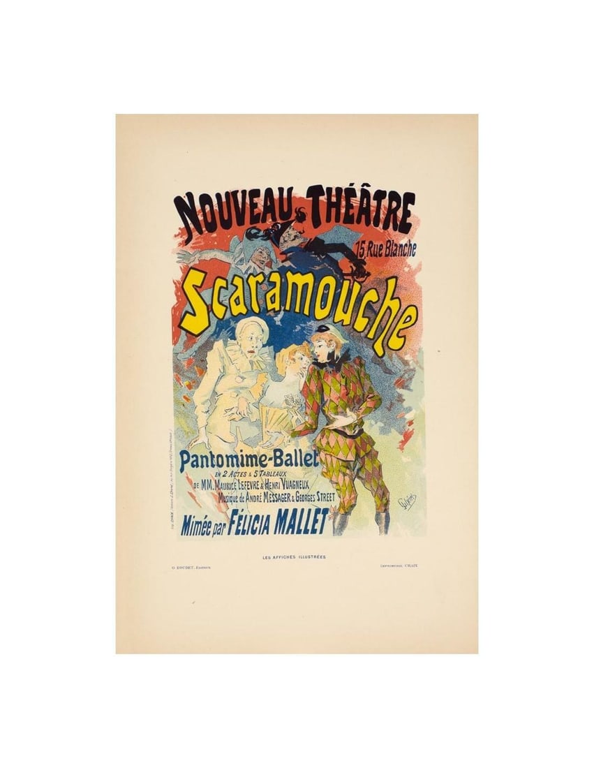 Vintage Poster Scaramouche by Cheret for Affiches Illustrees 1896: Vintage Poster Scaramouche by Cheret for Affiches Illustrees 1896 Experience the elegance of Art Nouveau in this stunning vintage poster by Cheret, created for Affiches Illustrees in 1897. Featuring a