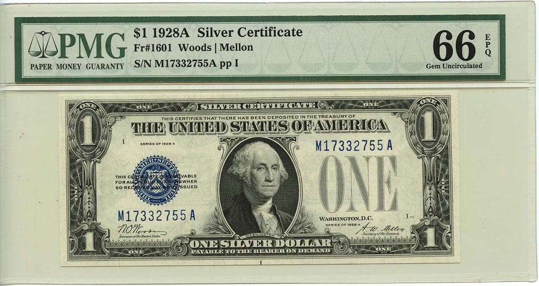 EPQ 1928A $1 Silver Certificate Blue Woods Mellon Fr# 1601 PMG GEM 66: EPQ 1928A $1 Silver Certificate Blue Woods Mellon Fr# 1601 PMG GEM 66 A rare and highly sought-after 1928 $1 Silver Certificate, graded MS66 by PMG, boasts stunning blue wood grain on its reverse side