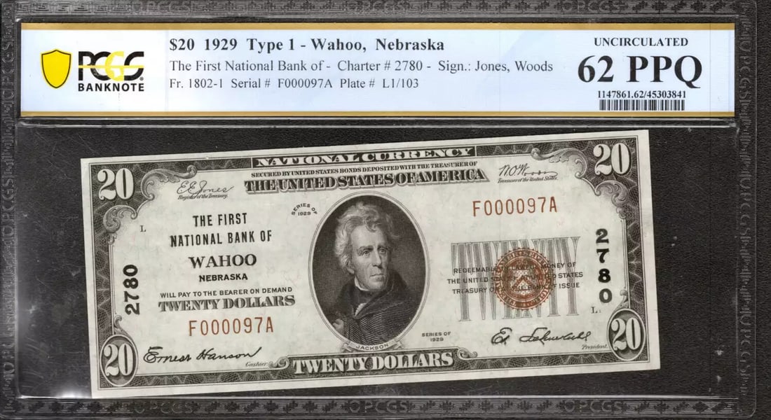 (097A) 1929 $20 FIRST NATIONAL BANKNOTE CURRENCY WAHOO NEBRASKA PCGS UNC 62 PPQ: (097A) 1929 $20 FIRST NATIONAL BANKNOTE CURRENCY WAHOO NEBRASKA PCGS UNC 62 PPQ A rare and highly sought-after 1929 $20 bill from the First National Bank of Nebraska, certified by PCGS as being in