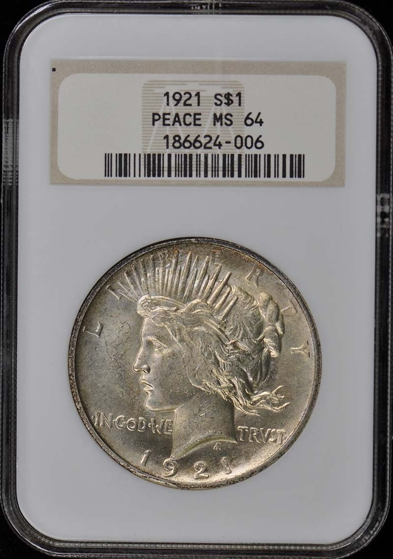 NGC MS64 1921 High Relief Peace Dollar $1: NGC MS64 1921 High Relief Peace Dollar $1 Experience the majesty of America's first high-relief coin, the 1921 Peace Dollar, in stunning MS64 condition from the NGC. This rare and highly sought-after