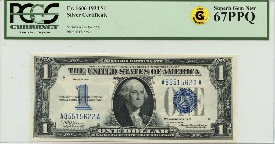 1934 $1 Silver Certificate, FR#1606, PCGS Superb GEM 67 PPQ, GCC Gold (1 of 1)
