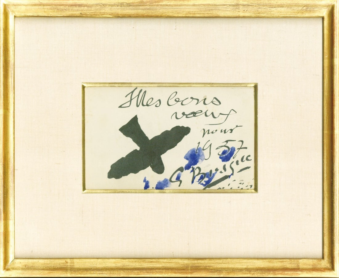 signed and dated - Georges Braque "1957 Greeting Card" watercolor on paper: signed and dated - Georges Braque "1957 Greeting Card" watercolor on paper A rare opportunity to own an original watercolor by the renowned French artist Georges Braque, created in 1957. This signed a