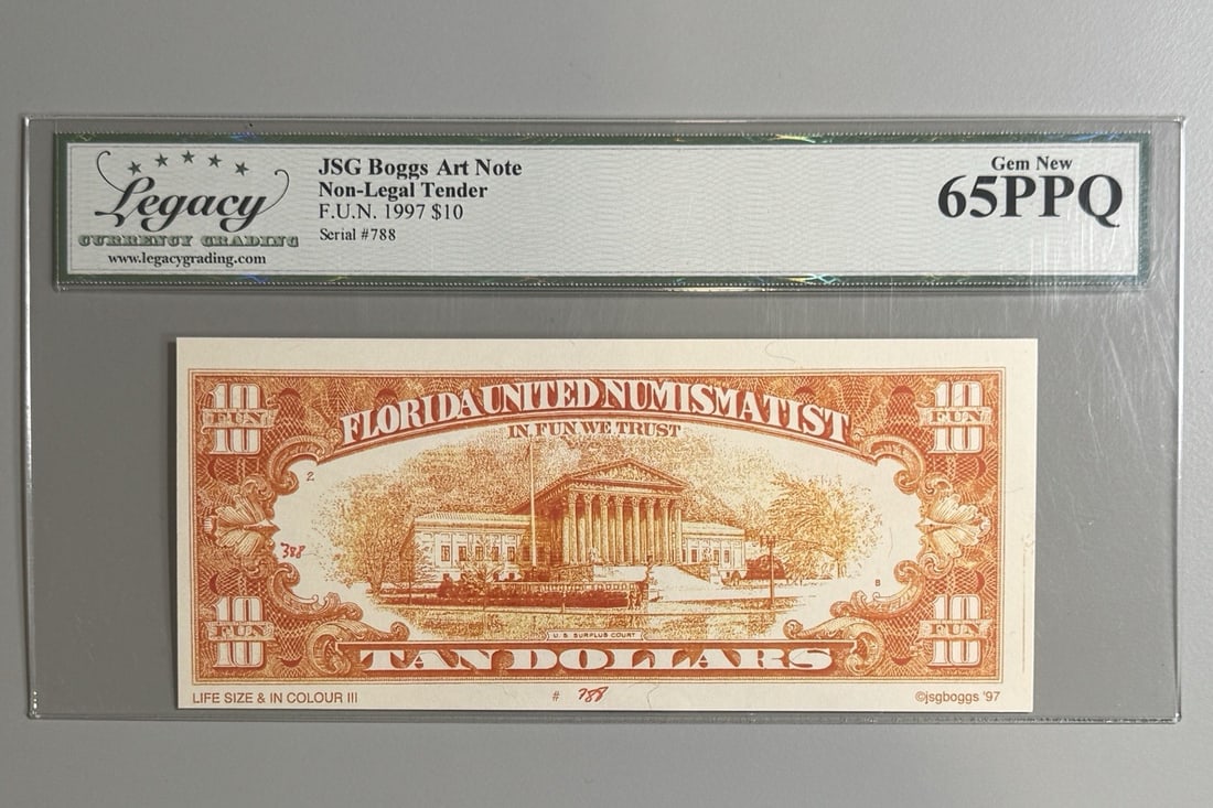Boggs Art Note - Fun Legacy Graded 65PPQ: Boggs Art Note - Fun Legacy Graded 65PPQ A rare and highly sought-after $10 bill from 1997, graded 65PPQ by the Legacy Currency Grading service, making it a true gem for collectors of US currency. Thi