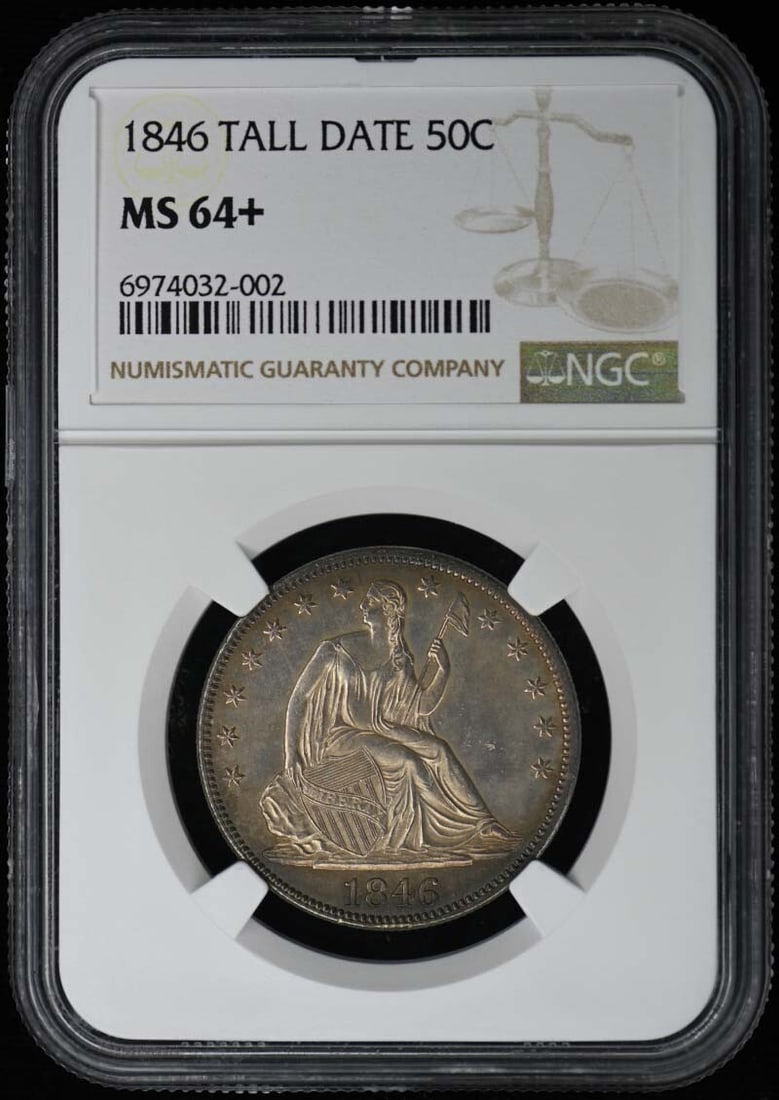 MS64+ 1846 TALL DATE Seated Liberty Half Dollar 50C NGC: MS64+ 1846 TALL DATE Seated Liberty Half Dollar 50C NGC Experience the rare beauty of the 1846 Tall Date Seated Liberty Half Dollar, certified MS64+ by NGC. With its unique tall date design and stunni