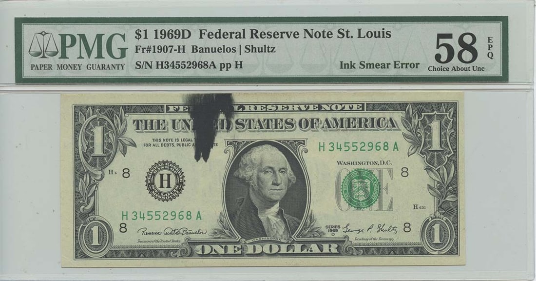 ERROR 1969D $1 FRN St. Louis FR#1907-H PMG CH AU EPQ Ink Smear (1 of 1)