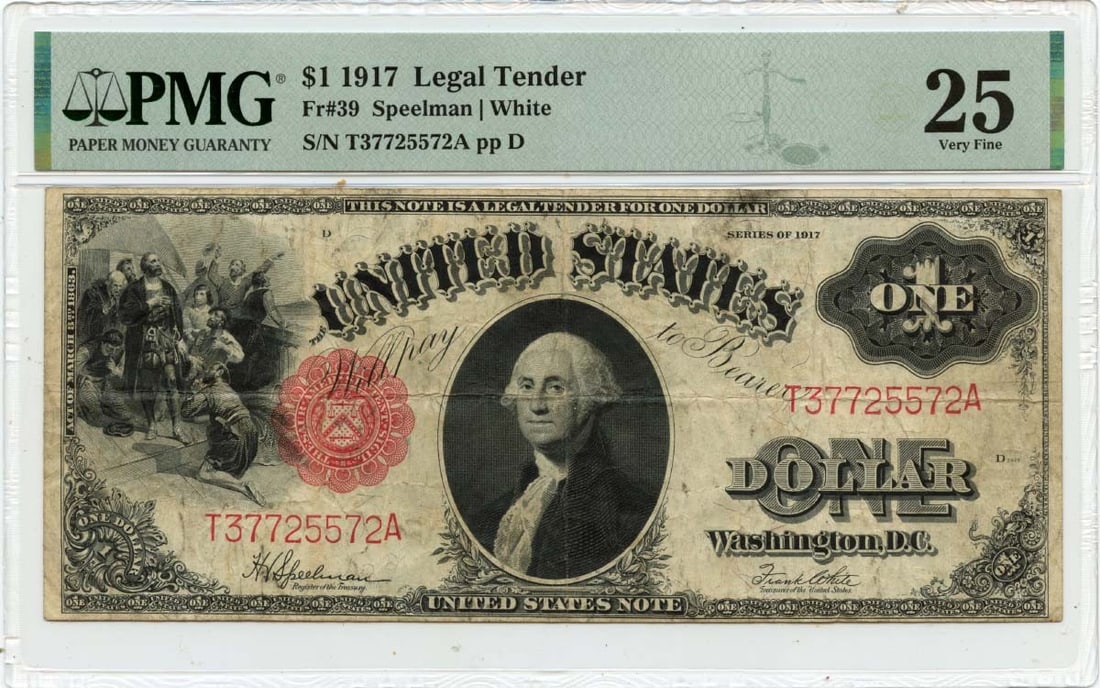 VF25 1917 $1 Legal Tender Note FR#39 PMG: VF25 1917 $1 Legal Tender Note FR#39 PMG Get ready to own a piece of American history with this 1917 $1 Legal Tender Note, graded VF25 by the Professional Money Group (PMG). As one of the earliest cir