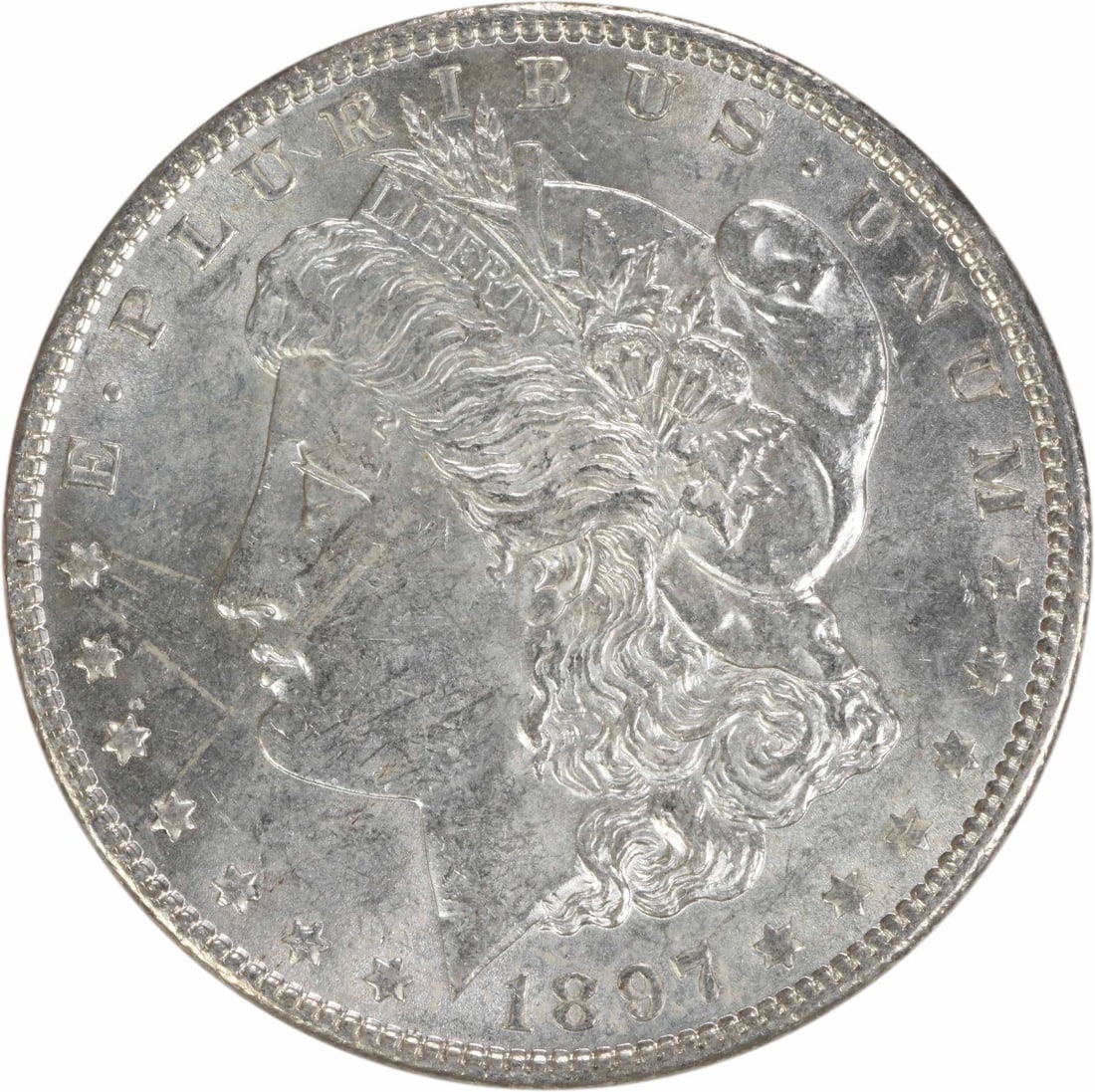 Uncertified 1897 Morgan Silver Dollar BU: Uncertified 1897 Morgan Silver Dollar BU Experience the elegance of the 1897 Morgan Silver Dollar, a highly sought-after coin from one of America's most iconic series. With its high-relief design and