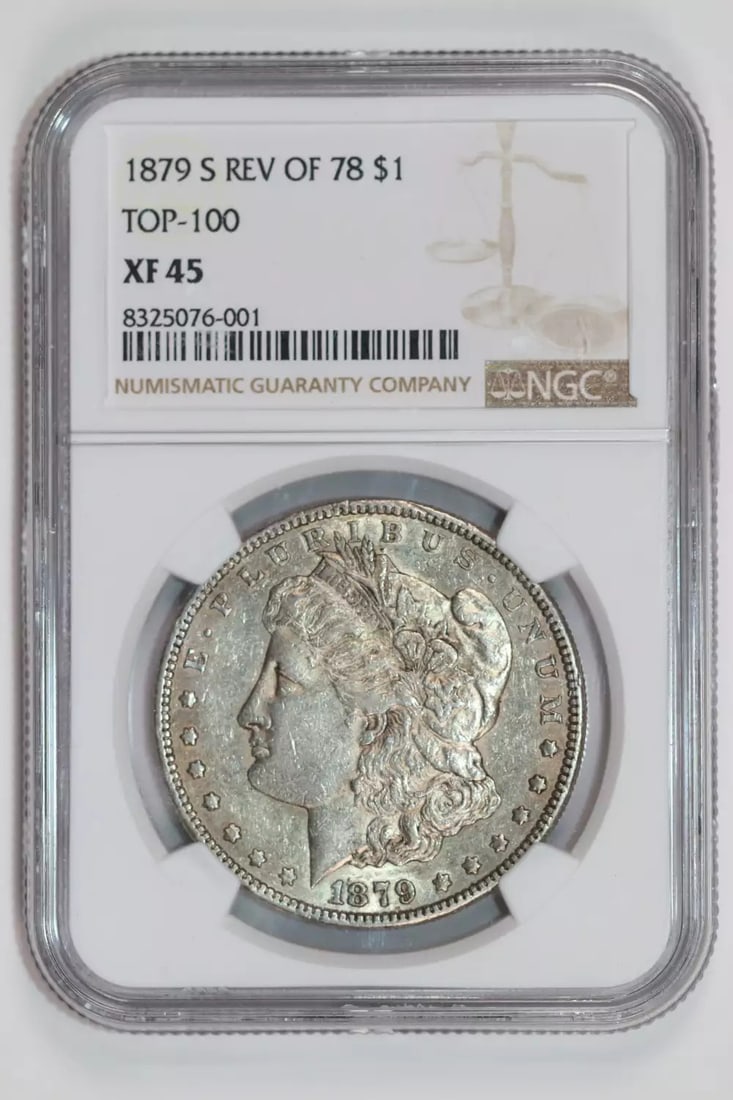 1879-S Reverse 1878 Morgan Dollar NGC XF45: 1879-S Reverse 1878 Morgan Dollar NGC XF45 Experience the charm of the 1879-S Reverse Morgan Dollar, a rare and highly sought-after coin from the San Francisco Mint. With its unique reverse design