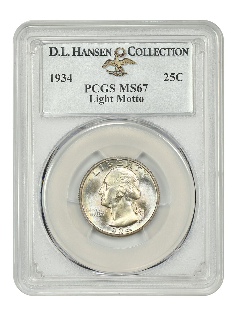 1934 Washington Quarter MS67 PCGS Light Motto, Ex D.L. Hansen: 1934 Washington Quarter MS67 PCGS Light Motto, Ex D.L. Hansen A rare and highly sought-after 1934 Washington Quarter, graded MS67 by PCGS, boasts exceptional condition with a Light Motto strike type,