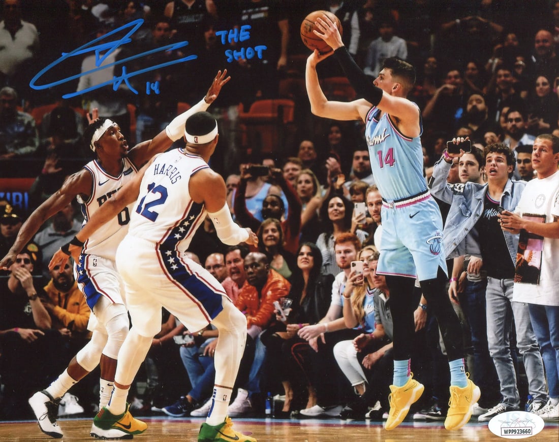 (JSA) Tyler Herro "The Shot" Autographed Game Winning Three 8x10 Photo: (JSA) Tyler Herro "The Shot" Autographed Game Winning Three 8x10 Photo Get ready to relive one of the most iconic moments in NBA history with this incredible autographed photo of Tyler Herro, who hit