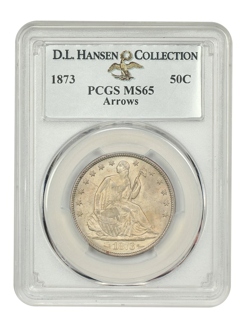 1873 50C PCGS MS65 Arrows - Ex D.L. Hansen: 1873 50C PCGS MS65 Arrows - Ex D.L. Hansen A rare and highly sought-after 1873 Liberty Seated Half Dollar, graded MS65 by PCGS, is up for auction. This stunning coin boasts exceptional detail and lust