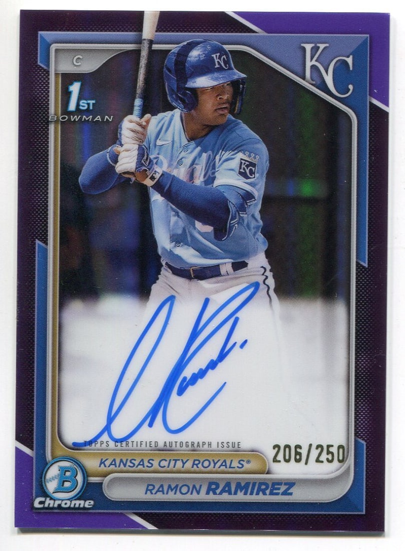 2024 1st Bowman Chrome Auto Purple Refractor - 250 Card: 2024 1st Bowman Chrome Auto Purple Refractor - 250 Card Get ready to collect with the 2024 Topps Bowman Chrome Auto Purple Refractor, one of the most highly sought-after cards in baseball memorabilia.