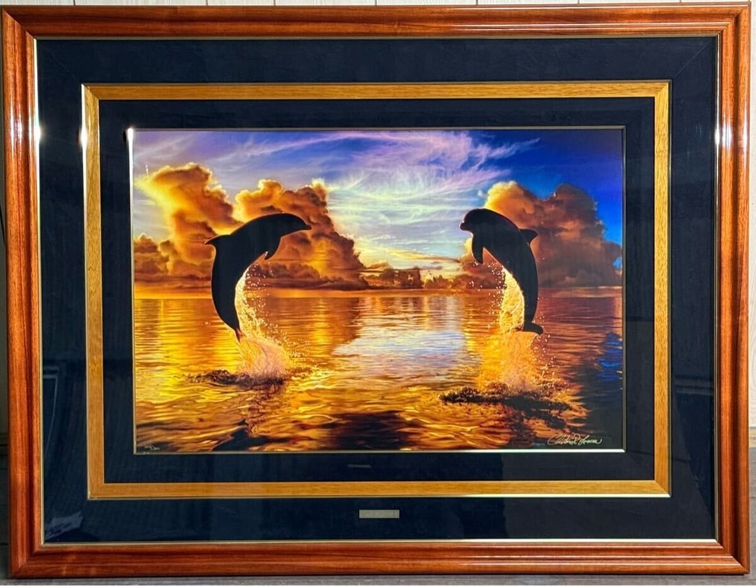Art Christian Riese Lassen Celestial Harmony (L) Signed with 3 Diamonds Dolphin: Art Christian Riese Lassen Celestial Harmony (L) Signed with 3 Diamonds Dolphin A stunning large art print by Christian Riese Lassen, signed with three diamonds and framed, this beautiful piece showca