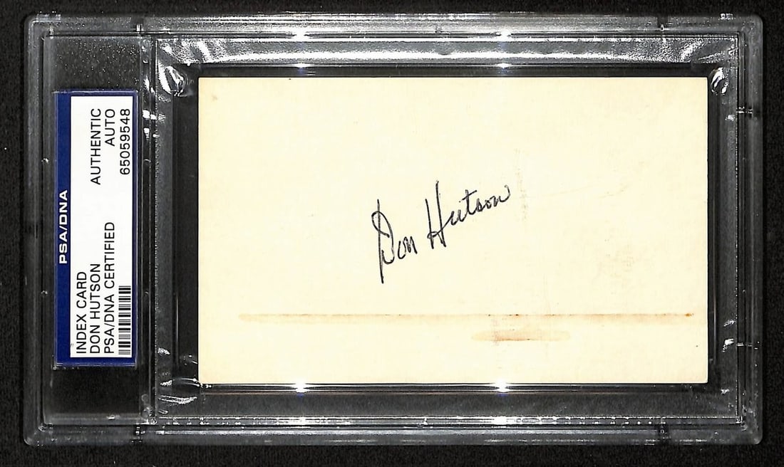 Don Hutson HOF Signed 3x5 Green Bay Packers Index Card (PSA/ DNA 201444): Don Hutson HOF Signed 3x5 Green Bay Packers Index Card (PSA/ DNA 201444) Don Hutson, the legendary Green Bay Packers wide receiver and first-ever inductee into the Pro Football Hall of Fame, has signe