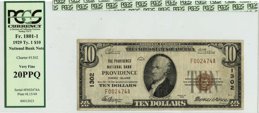1929 TY1 $10 Providence National Bank Rhode Island PCGS VF20 PPQ: 1929 TY1 $10 Providence National Bank Rhode Island PCGS VF20 PPQ A rare gem from the early 20th century, this 1929 TY1 $10 Providence National Bank note is certified by PCGS as VF20, showcasing