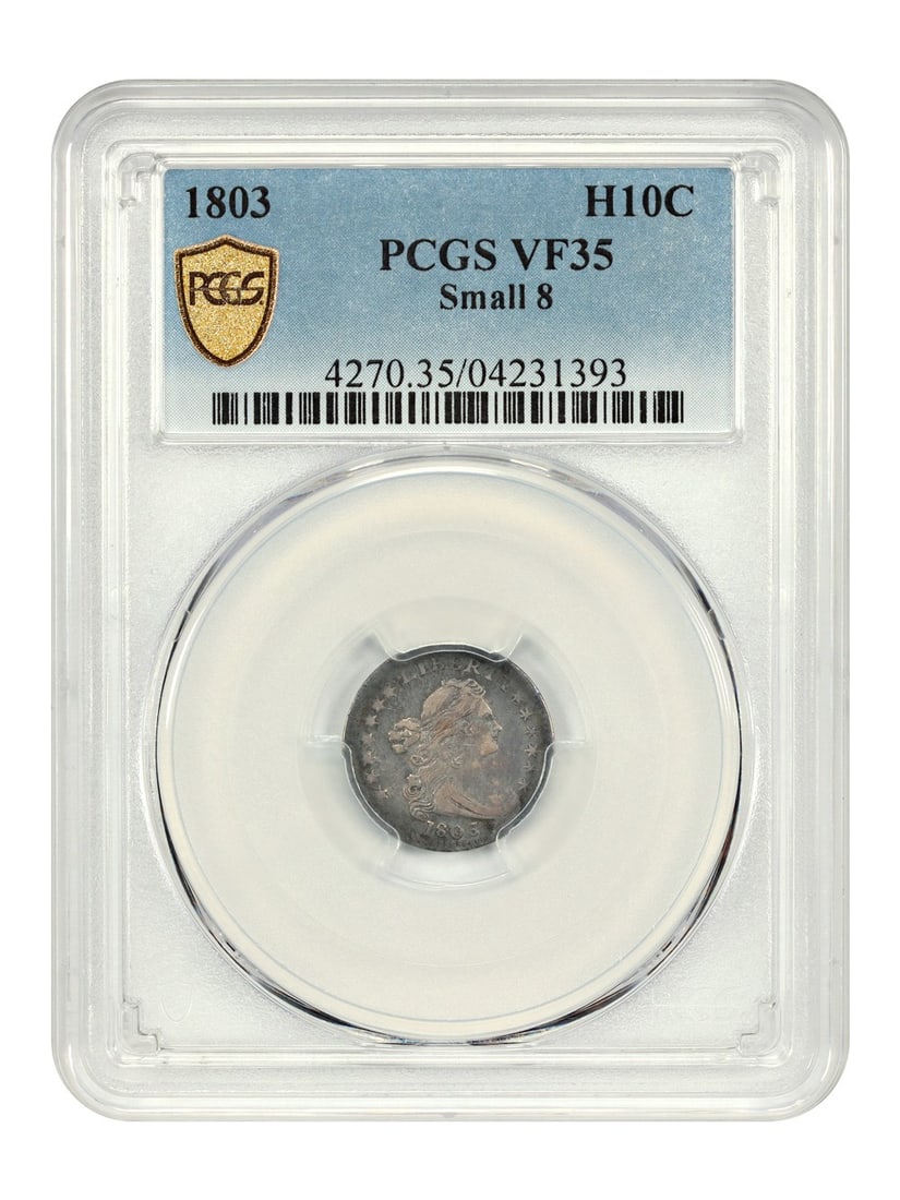 H10C PCGS VF35 Small 8 Heraldic Eagle Type 2: H10C PCGS VF35 Small 8 Heraldic Eagle Type 2 A rare and highly sought-after 1803 H10C Half-Dime, graded PCGS VF35 by the renowned Professional Coin Grading Service. This circulated example boasts a be
