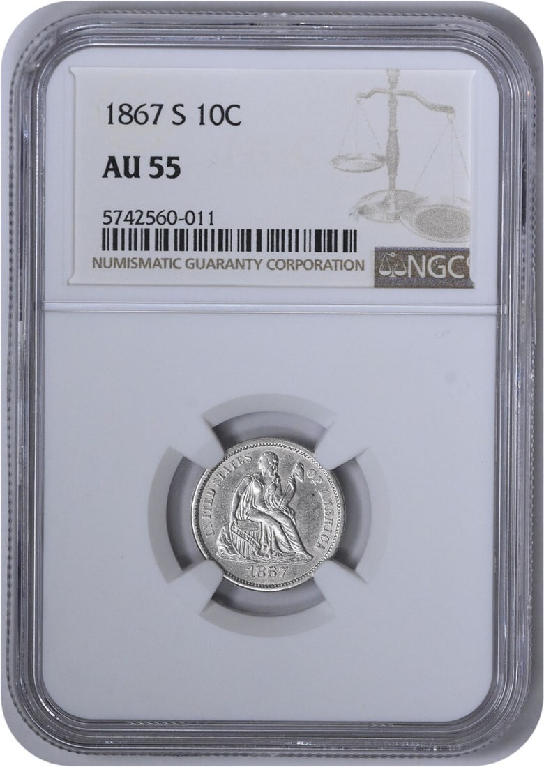 1867-S Liberty Seated Silver Dime - AU55 NGC (1 of 3)
