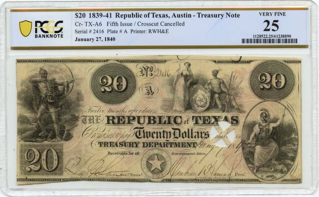 Republic of Texas $20 1840 Treasury Note (PCGS VF25): Republic of Texas $20 1840 Treasury Note (PCGS VF25) A rare and historic find, the 1840 Republic of Texas $20 Treasury Note is a true treasure for collectors. Certified by PCGS as VF25, this circulate