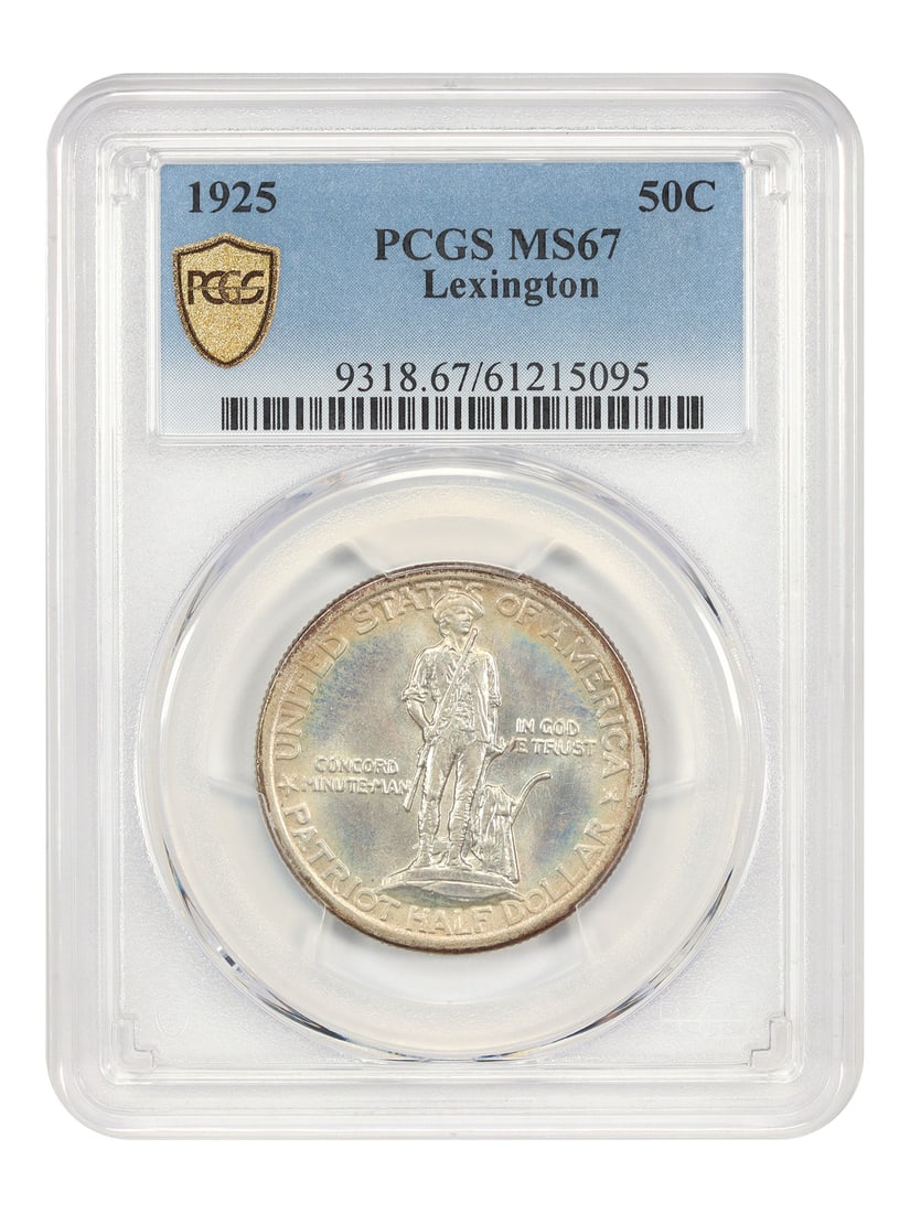 1925 50C Lexington PCGS MS67 Classic Silver Commemorative: 1925 50C Lexington PCGS MS67 Classic Silver Commemorative Experience the beauty of American history with this stunning 1925 50C Lexington PCGS MS67 Classic Silver Commemorative coin, certified by the