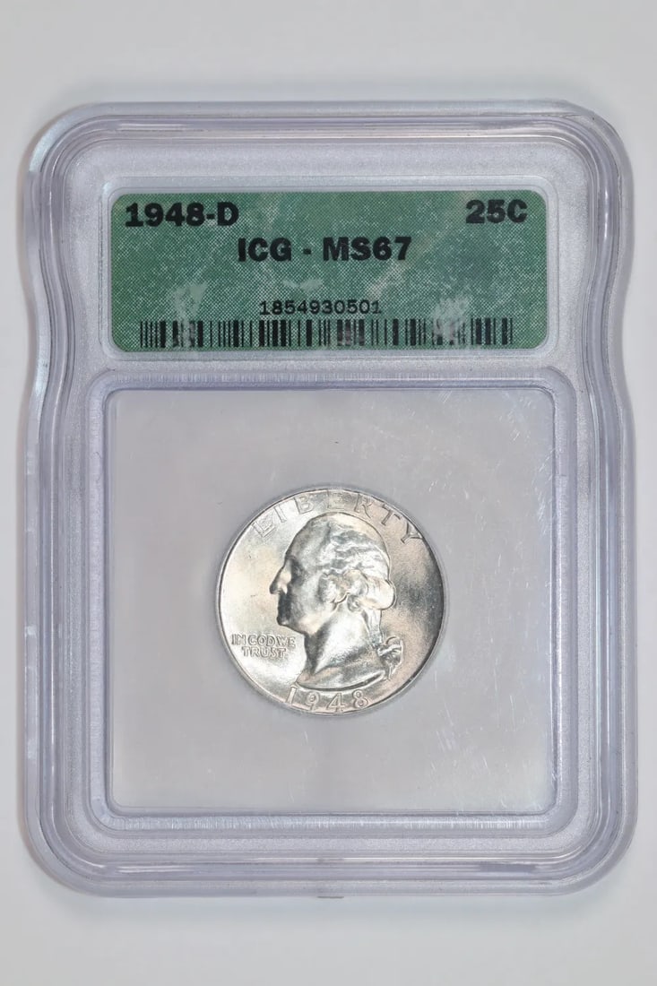 1948-D Washington Quarter ICG MS67: 1948-D Washington Quarter ICG MS67 Experience the iconic design of the 1948-D Washington Quarter, certified by the International Coin Guides (ICG) as MS67, one of the highest grades for circulated coi