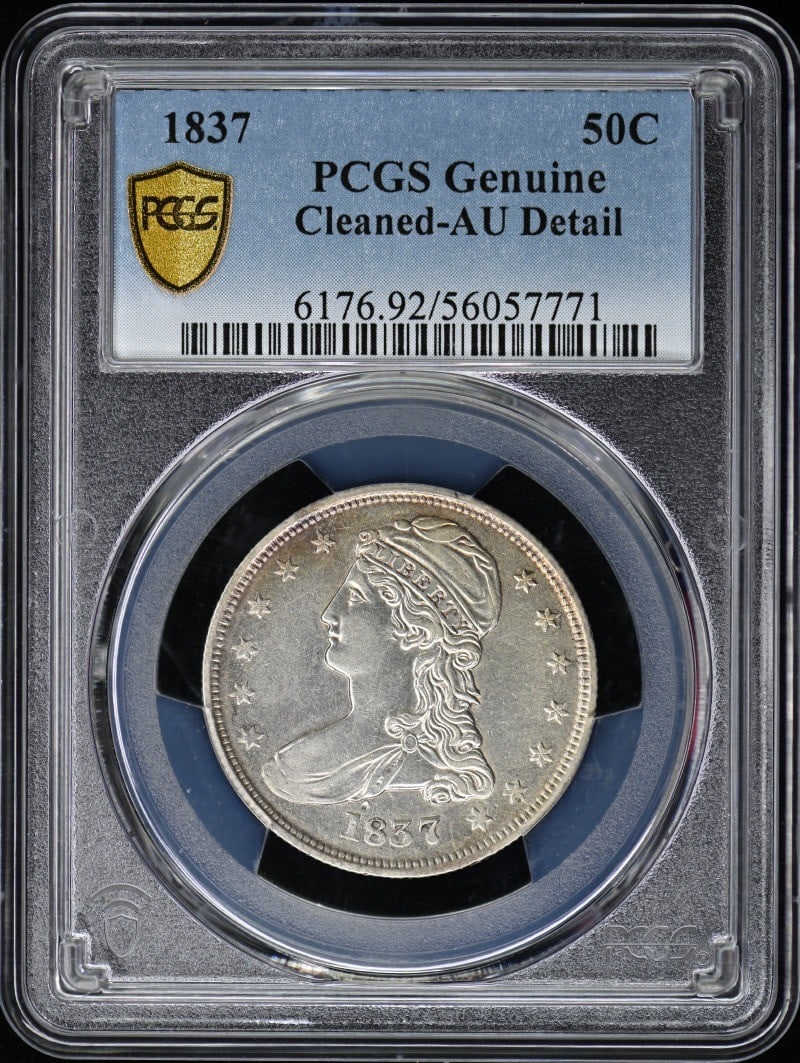 Details 1837 50C Reeded Edge Capped Bust Half Dollar 50 CENTS on Rev PCGS AU: Details 1837 50C Reeded Edge Capped Bust Half Dollar 50 CENTS on Rev PCGS AU A rare and highly sought-after 1837 Capped Bust Half Dollar, graded AU by PCGS, boasts a striking reeded edge and is