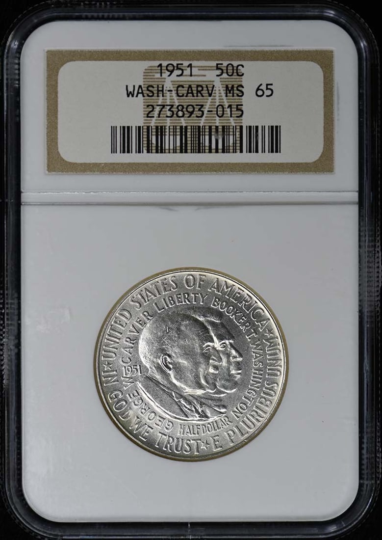 MS65 WASHINGTON-CARVER 1951 Silver Commemorative 50C NGC: MS65 WASHINGTON-CARVER 1951 Silver Commemorative 50C NGC A rare gem for the collector, this 1951 Washington-Carver commemorative half dollar is certified MS65 by the NGC and boasts an uncirculated gra