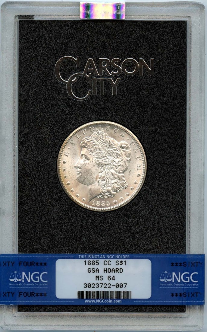 1885-CC Morgan Dollar GSA Hoard, NGC MS64 Reverse Crescent: 1885-CC Morgan Dollar GSA Hoard, NGC MS64 Reverse Crescent Experience the rare beauty of an 1885-CC Morgan Dollar, certified by NGC as MS64 and featuring a stunning reverse crescent design. Housed in