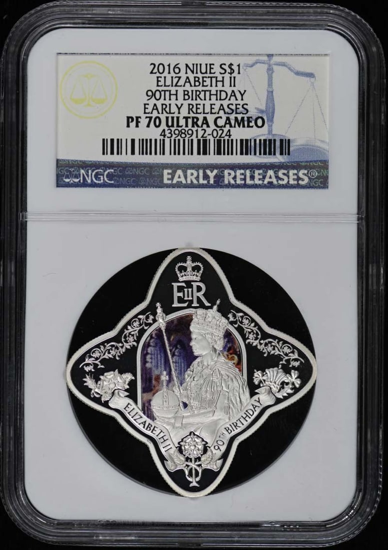 ER S$1 NGC PR70DCAM - 2016 NIUE ELIZABETH II 90TH BIRTHDAY: ER S$1 NGC PR70DCAM - 2016 NIUE ELIZABETH II 90TH BIRTHDAY A stunning 2016 Niue Elizabeth II 90th Birthday coin, certified by the NGC as PR70DCAM, boasts pristine condition and exceptional detail. As
