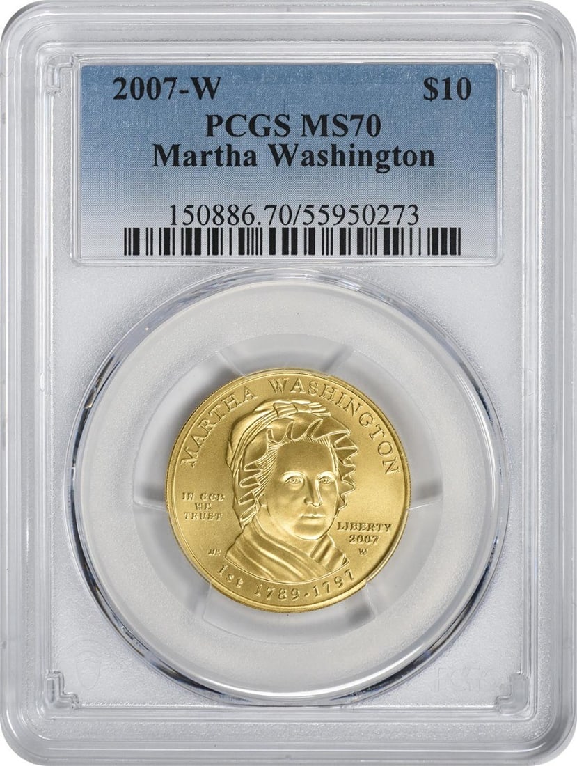 PCGS 2007-W Martha Washington First Spouse $10 Gold MS70: PCGS 2007-W Martha Washington First Spouse $10 Gold MS70 The PCGS 2007-W Martha Washington First Spouse $10 Gold MS70 is a truly exceptional coin, boasting a flawless MS70 grade and weighing in at