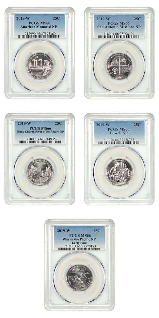 2019-W 25c America The Beautiful Set PCGS MS66 (5 Coins) - Type 1 Clad: 2019-W 25c America The Beautiful Set PCGS MS66 (5 Coins) - Type 1 Clad Experience the beauty of America's natural wonders with this stunning 2019-W 25c America The Beautiful Set, graded MS66 by PCGS.