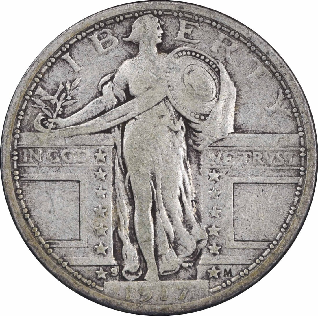 1917-S Standing Liberty Quarter Type 1 F+ Uncertified: 1917-S Standing Liberty Quarter Type 1 F+ Uncertified A rare and beautiful piece of American numismatic history, this 1917-S Standing Liberty Quarter Type 1 is a stunning example of early 20th-century