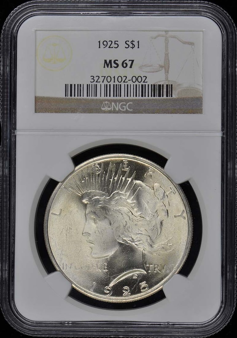 NGC MS67 1925 Peace Dollar $1: NGC MS67 1925 Peace Dollar $1 Experience the rarity and beauty of the 1925 Peace Dollar, certified by the Numismatic Guaranty Corporation (NGC) as MS67, one of the highest grades for circulated
