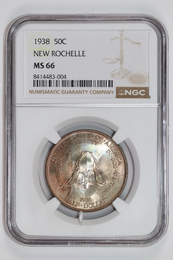 PQ 1938 NEW ROCHELLE COMMEMORATIVE HALF DOLLAR NGC MS66 FRESH: PQ 1938 NEW ROCHELLE COMMEMORATIVE HALF DOLLAR NGC MS66 FRESH A rare and highly sought-after 1938 New Rochelle commemorative half dollar, graded MS66 by the Numismatic Guaranty Corporation (NGC), boas