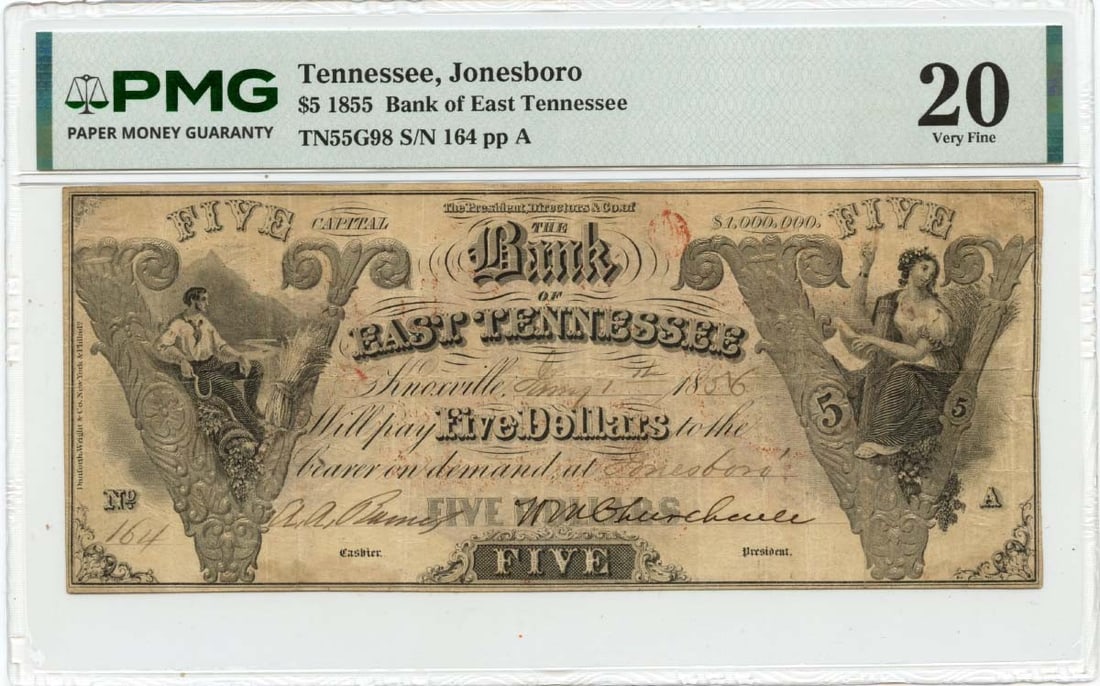 $5 1855 Obsolete Note - Bank of East Tennessee, PMG VF20: $5 1855 Obsolete Note - Bank of East Tennessee, PMG VF20 Experience the rare charm of a 1855 Obsolete Note from the Bank of East Tennessee, certified by PMG as VF20. This unique piece of American fina