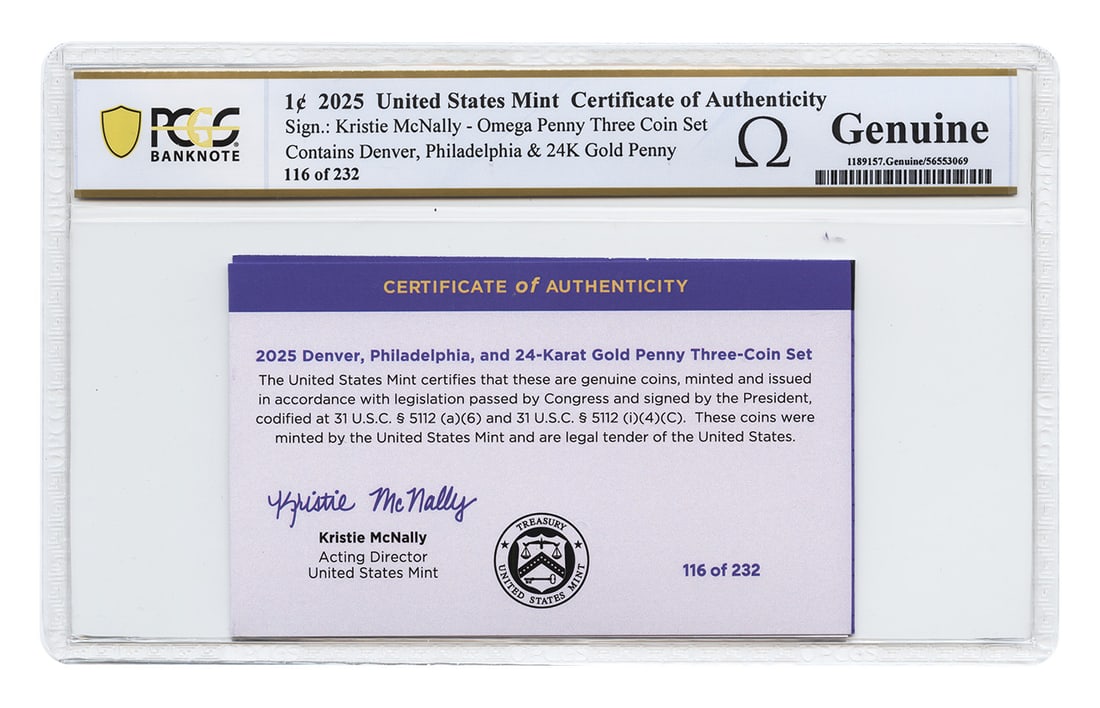 2025 1C Omega Cent Set #116 of 232: PCGS MS64RD/ MS65RD/ MS69 (3 Coin with COA - 7