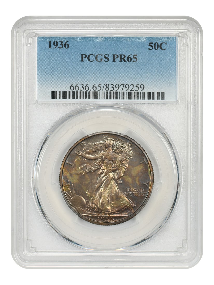 Walking Liberty Half Dollar (1936) PCGS PR65: Walking Liberty Half Dollar (1936) PCGS PR65 A stunning example of American numismatic history, this 1936 Walking Liberty Half Dollar is certified by PCGS as PR65 Uncirculated, boasting exceptional