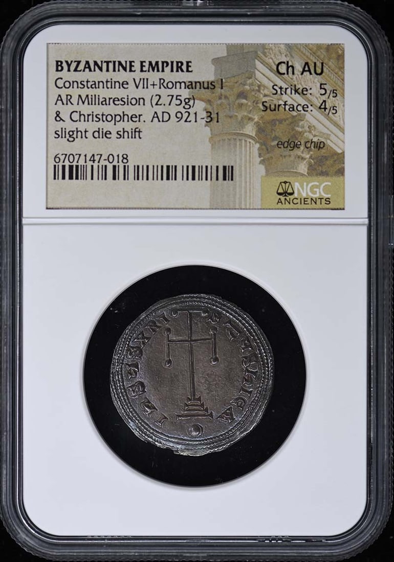 4 Constantine VII+Romanus I 921-931 AD BYZANTINE Miliaresion 2.75g NGC Ch AU 5/: 4 Constantine VII+Romanus I 921-931 AD BYZANTINE Miliaresion 2.75g NGC Ch AU 5/ A rare and historically significant Miliaresion coin from the Byzantine Empire, minted during the reign of Constantine