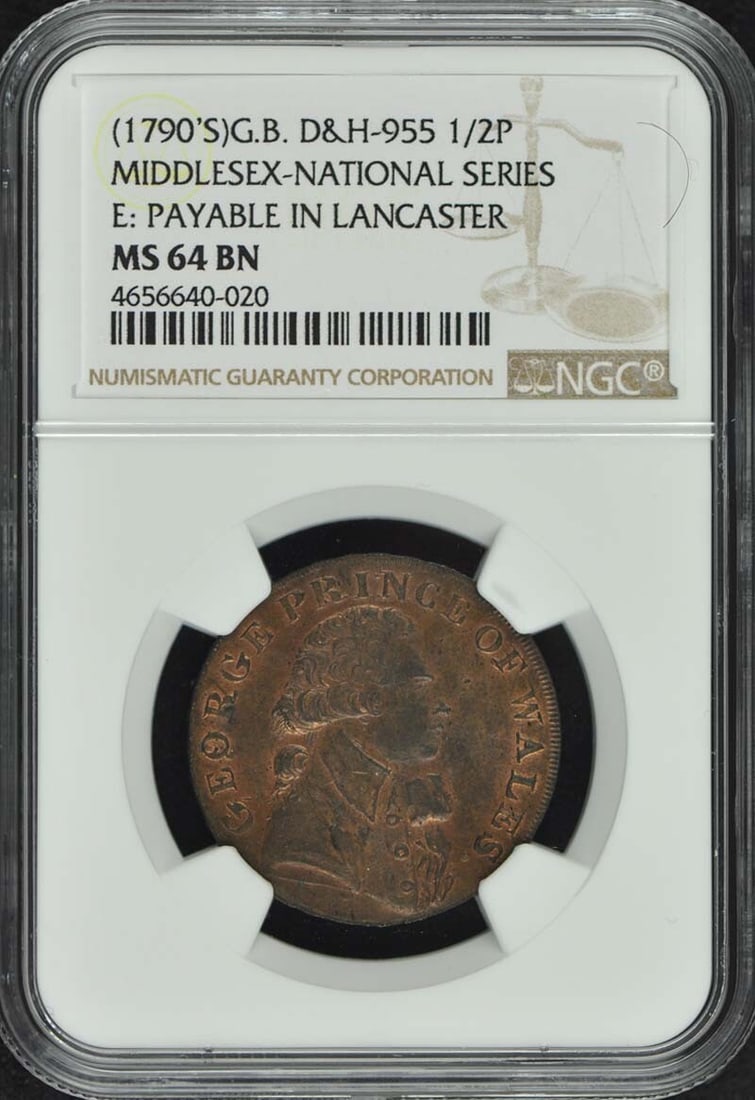 (1790's) G.B. D&H-955 NGC MS64BN 1/ 2p Middlesex National Conder Token: (1790's) G.B. D&H-955 NGC MS64BN 1/ 2p Middlesex National Conder Token A rare and highly sought-after token from the 1790s, this G.B. D&H-955 NGC MS64BN is an exceptional find for collectors of Britis