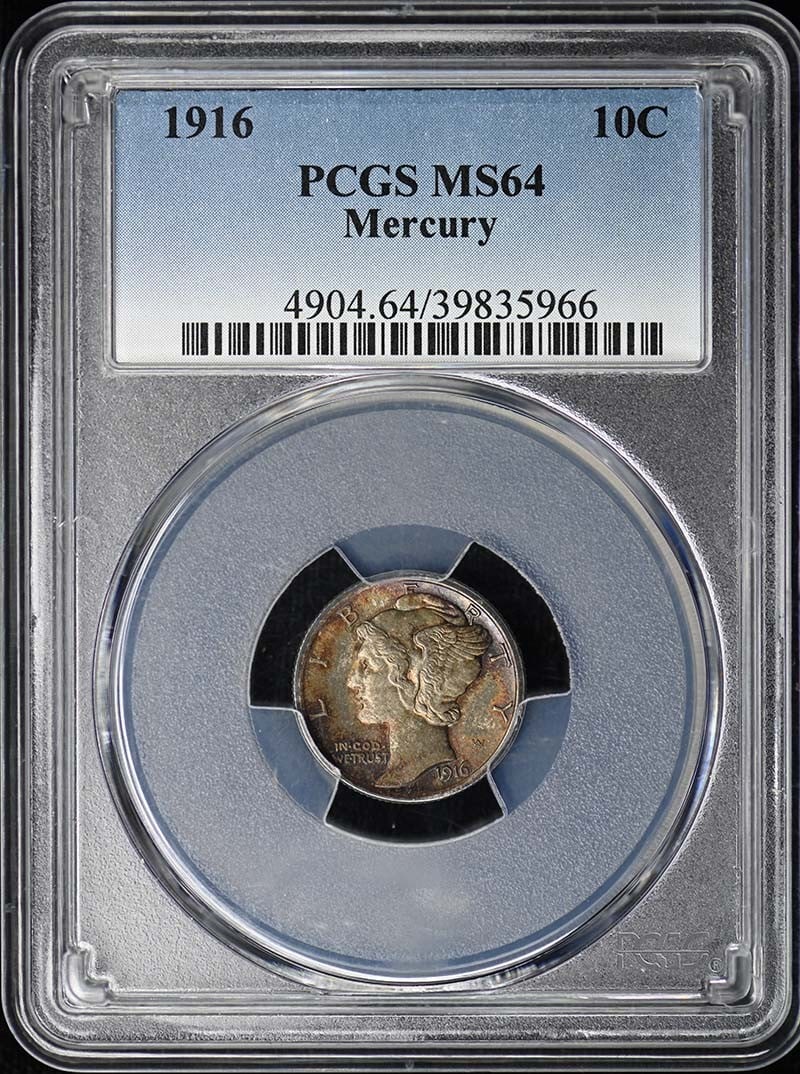 1916 Mercury Dime (PCGS MS64): 1916 Mercury Dime (PCGS MS64) A stunning example of American numismatics, this 1916 Mercury Dime is certified by PCGS as MS64, one of the highest grades for circulated coins. Struck in Philadelphia an