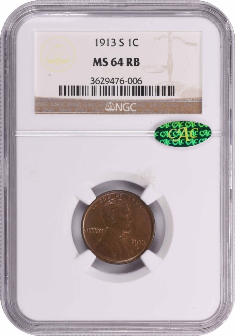 1913-S Lincoln Cent MS64RB NGC CAC (1 of 3)